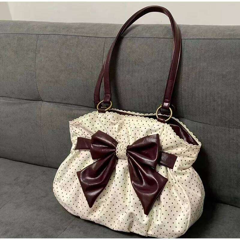 Bow Tote Women, Polka Dot Pattern With Ruffled Trim, Chic Spacious Shoulder Bag For Commute & Daily Use Y260205