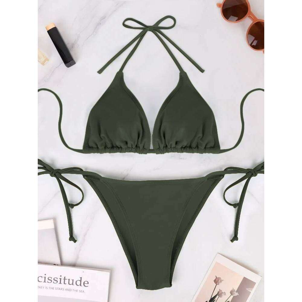 2 Pcs/Set Women's Simple and Sexy Bikini Summer Solid Color Bareback Strap Side Bandage Thong Lady's Swimsuit Set Z260206