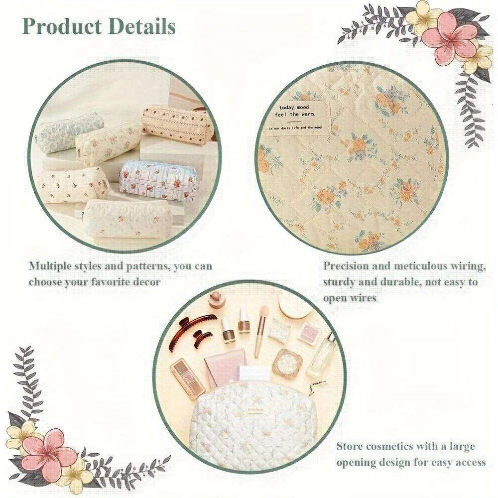 Large Travel Quilted Makeup for Women, Cotton Cosmetic Bag, Coquette Aesthetic Floral Toiletry Organizer Bag Y260206