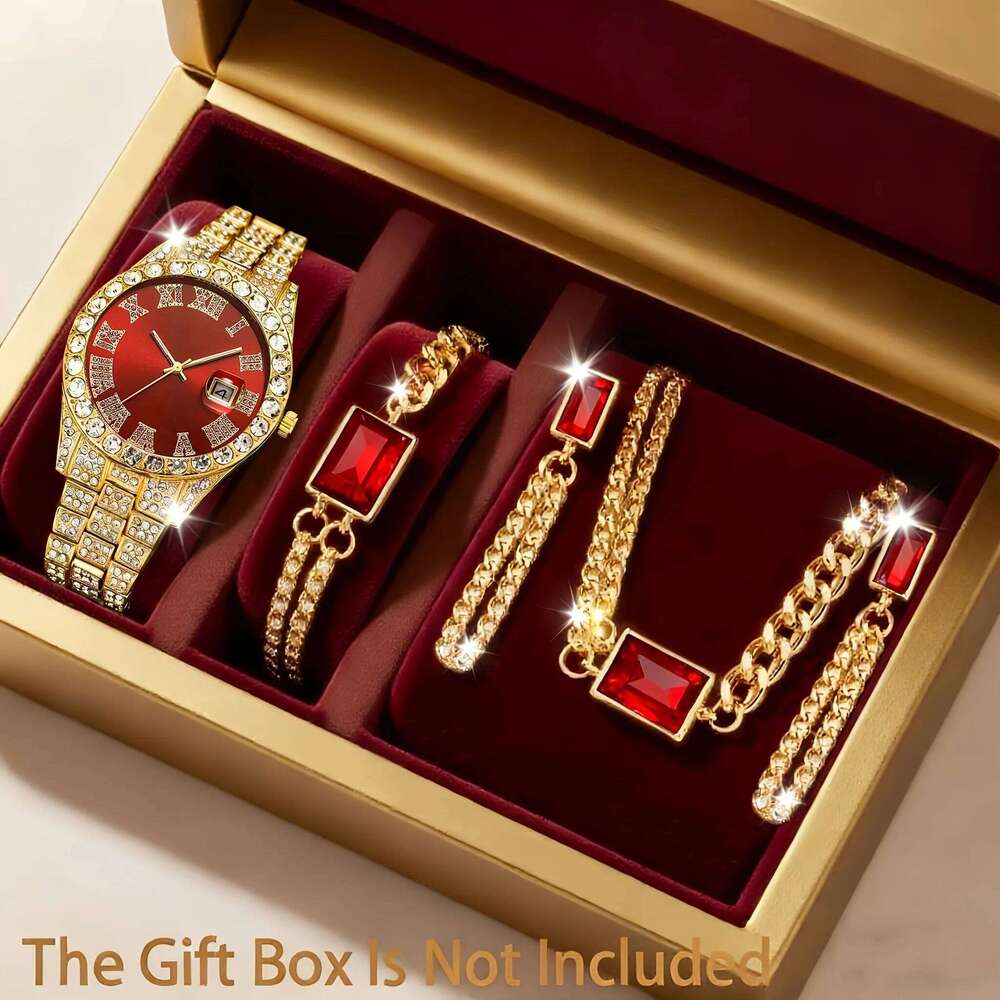 5PCS/Set Luxury Full Diamond Large Dial Women Watches Stainless Steel Band Calendar Quartz Wristwatch Jewelry SetWithout Box Z260206