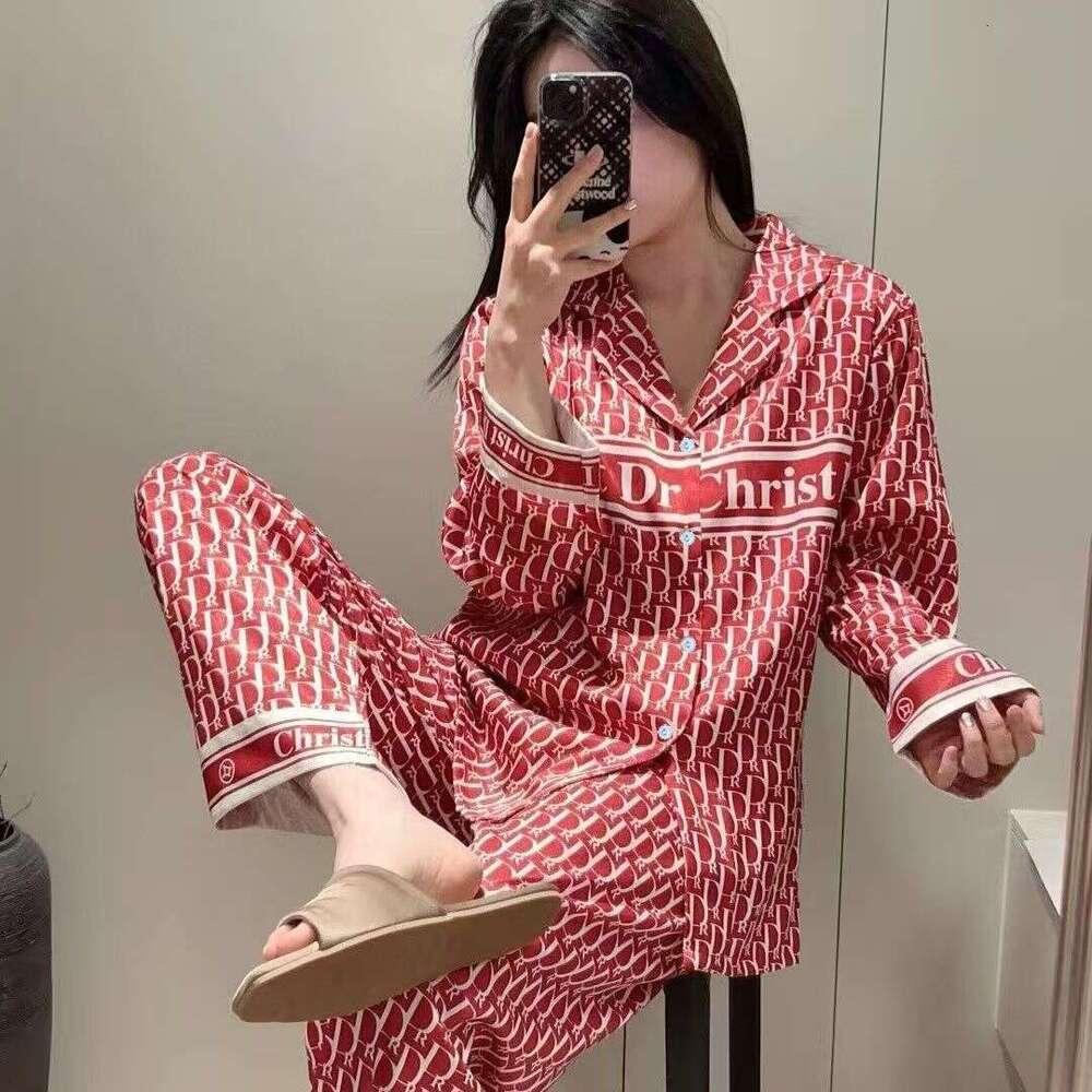 Women's Plus Size V-Neck Luxurious Pajamas, Spring And Autumn Cardigan Sleeve Long Pants Loose Home Wear Set 795