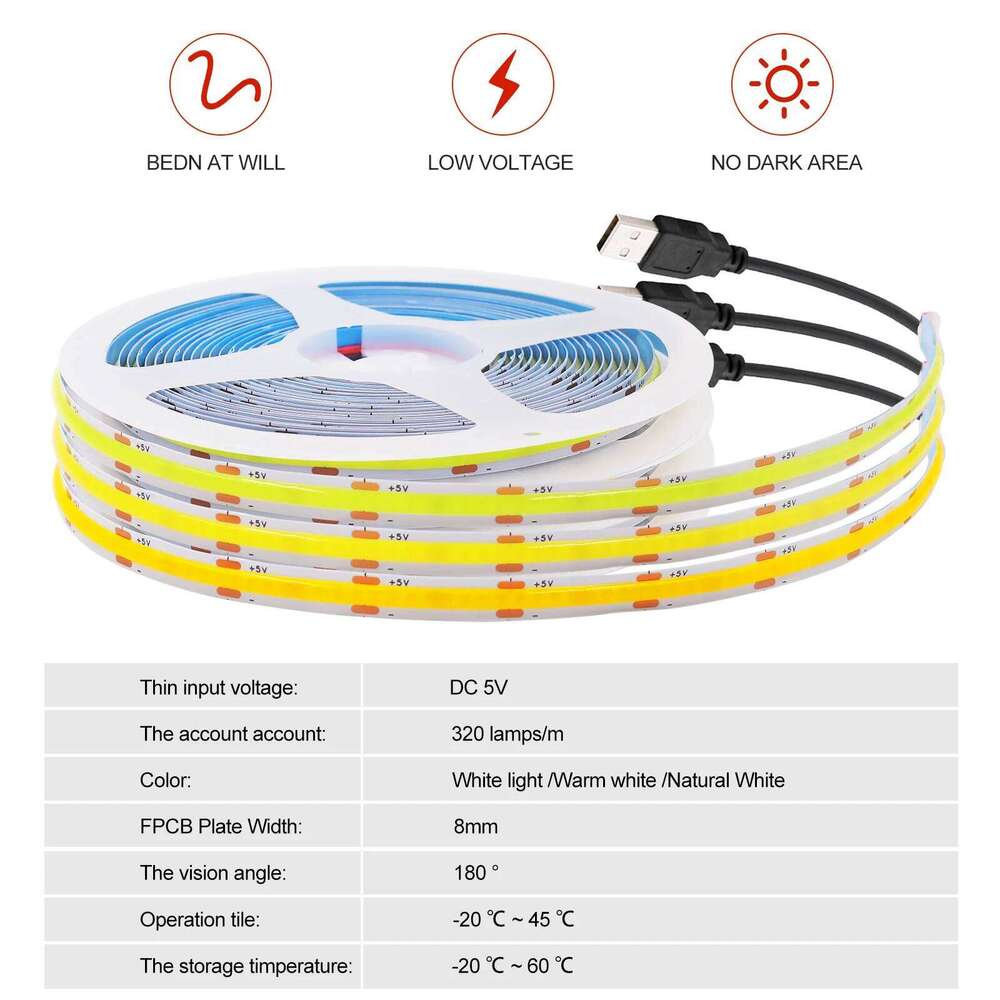 5V USB/DC/2Pin COB Strip Self-adhesive Flexible TV Background Lighting Tape 3000K/6000K 1-5m LED String Light Home Decor Z260206