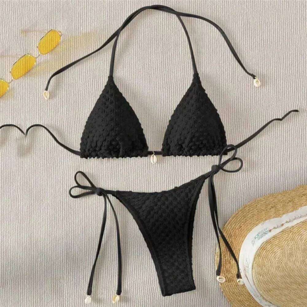 White String Micro Bikini Thong Sexy Swimsuit Women 2025 Shell Decorate Swimwear Bathing Suit Halter Triangle Bikinis Sets Mujer Z260206