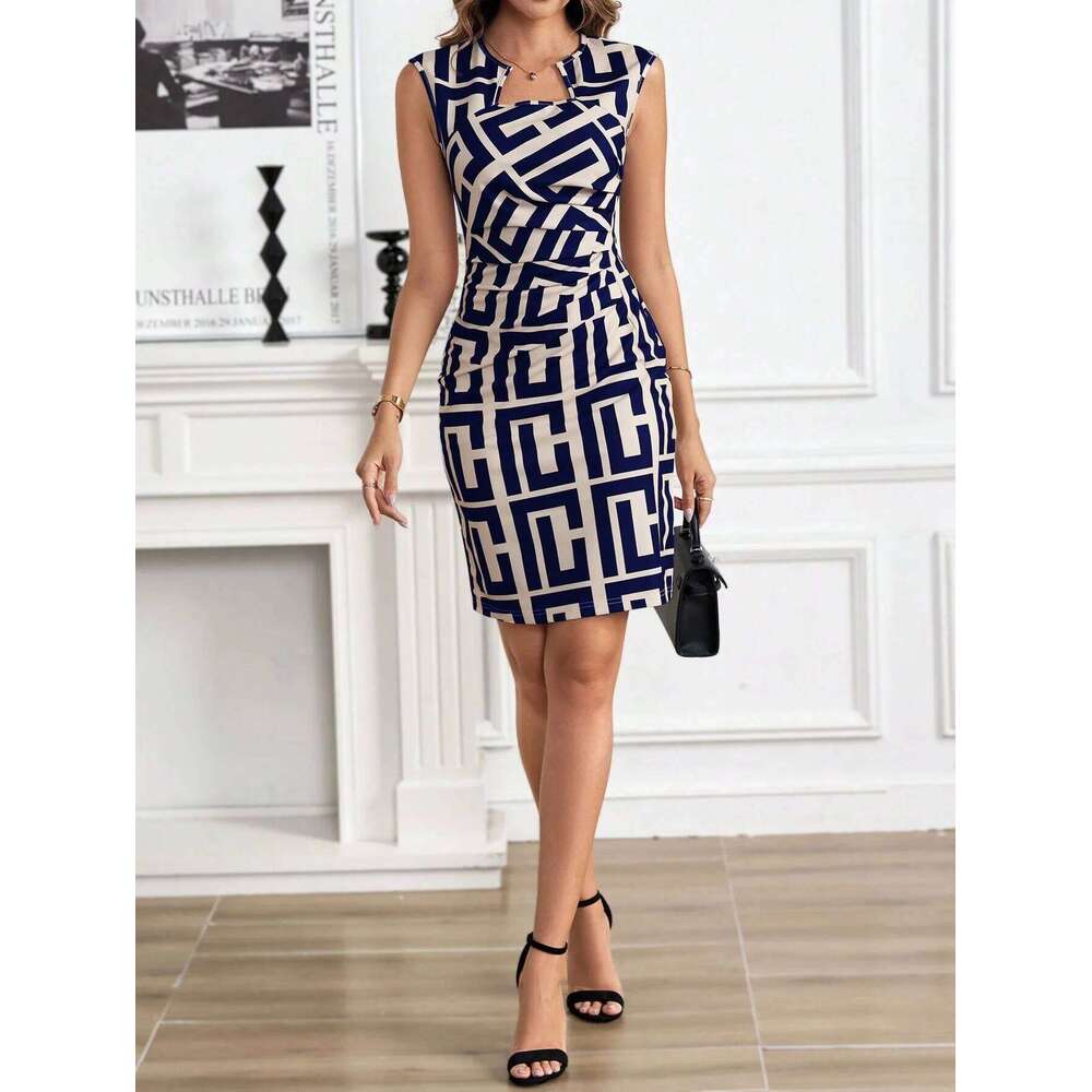 25/5000 A Geometric Knitted, Slimming, Elastic Sleeveless Dress For Women, Exuding High-End, Sexy Elegant Charm, And A Bo