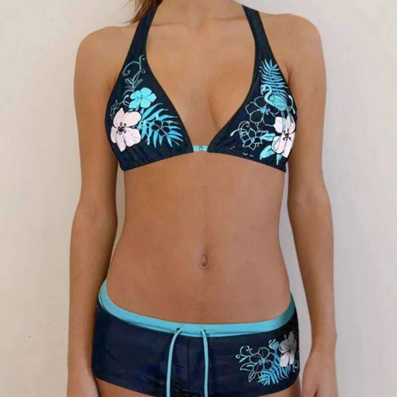 Summer new y2k retro punk sexy spicy girl style flower print bikini split two-piece seaside beach vacation swimsuit set Z260206