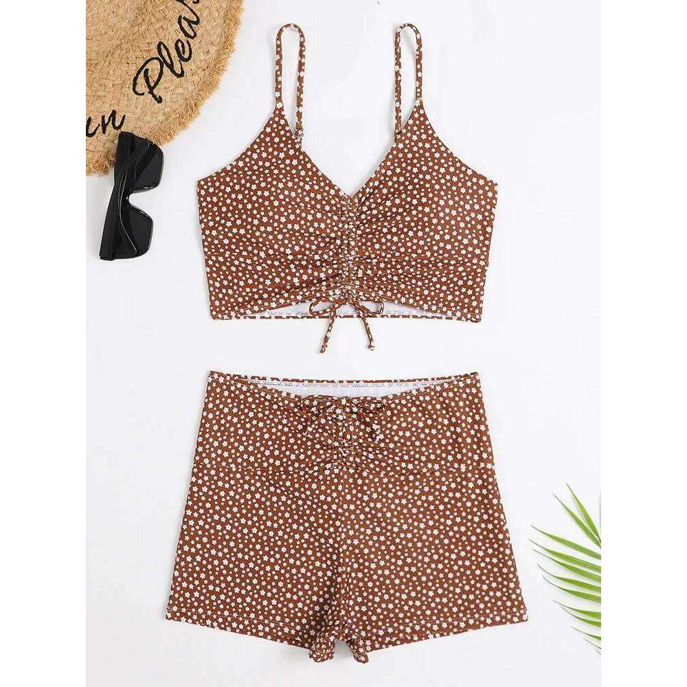 High Waist Bikini Swimsuit Women 2024 Floral Print Swim Suits Drawstring Front Shorts Boxers Swimwear Trunks Pool Bathing Suit XJ260206