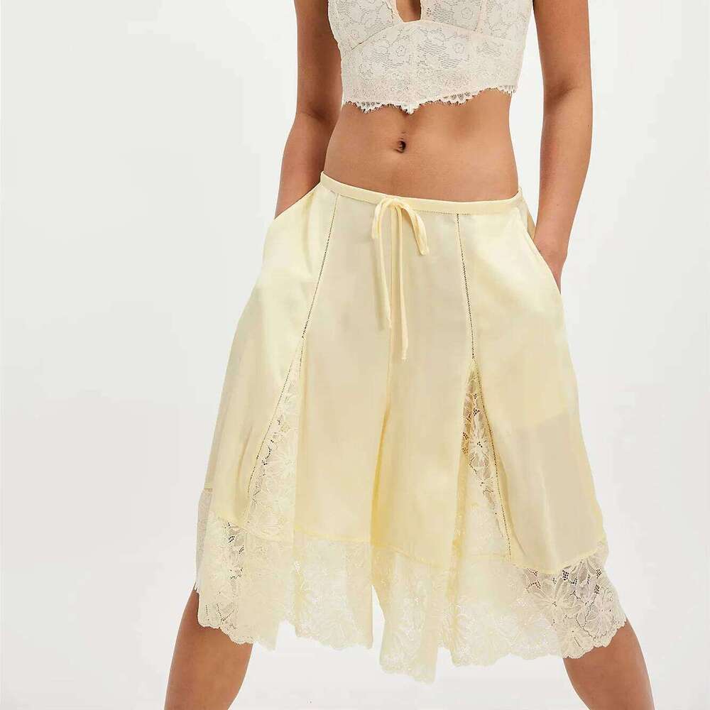 Women Lace Trim Shorts Y2k Satin Low Rise Half Slip Pajamas Cute Bow Coquette Pettipants Bloomers Patchwork Lounge Midi Pants XJ260206