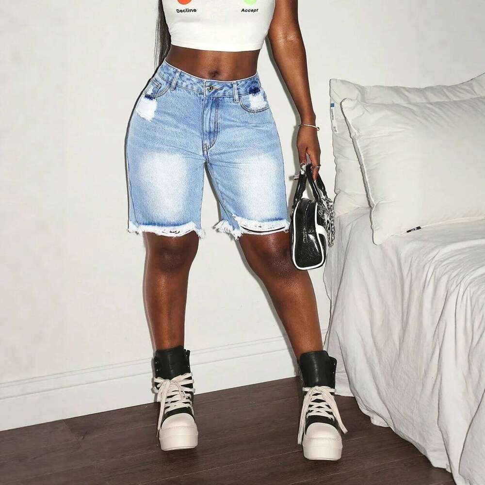 Womens Ripped Bermuda Denim Solid Color Casual High Waist Raw Hem Knee Length Jean Shorts Streetwear H260206