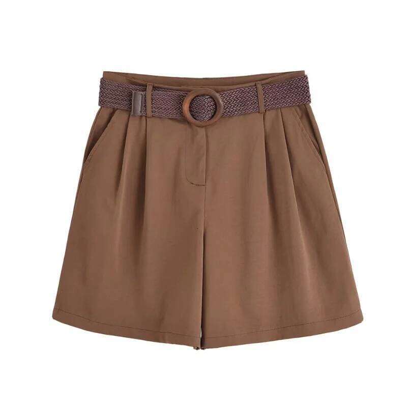 ETJ 2025 summer new women's holiday style fashion with belt loose version pleat five points casual shorts H260206