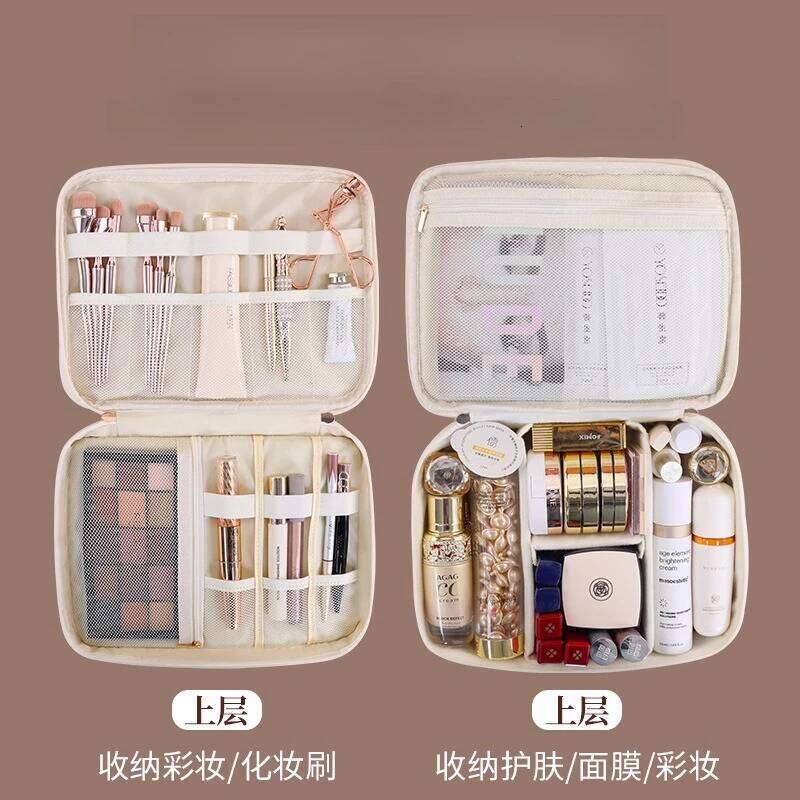 Double Layer Handheld PU Leather Makeup Bag Large Capacity Travel Cosmetic Organizer Toiletry Pouch for Beauty Tools Women Y260206