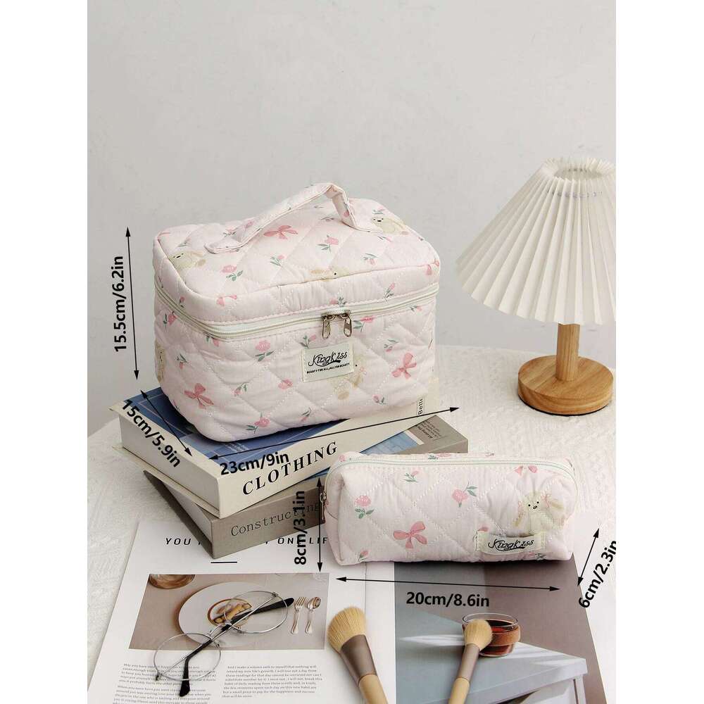 1pc/set Quilted Bathroom Storage Travel Essential Bag, Cute Bow Makeup Bag Y260206