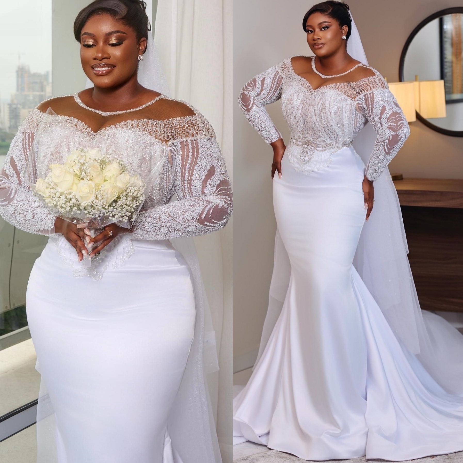 African Aso Ebi 2026 White Mermaid Wedding Dress Beaded Lace Sheer Neck Long Sleeves Satin Charming Elegant Bridal Gowns Dresses ZJ233w