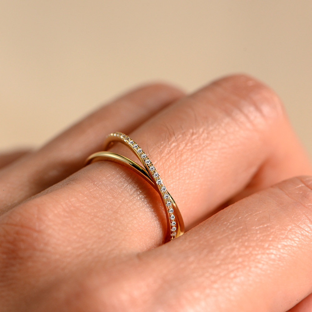 S925 Korean-style sterling INS-style simple double-ring interlocking full-zirconia ring, silver finger ring