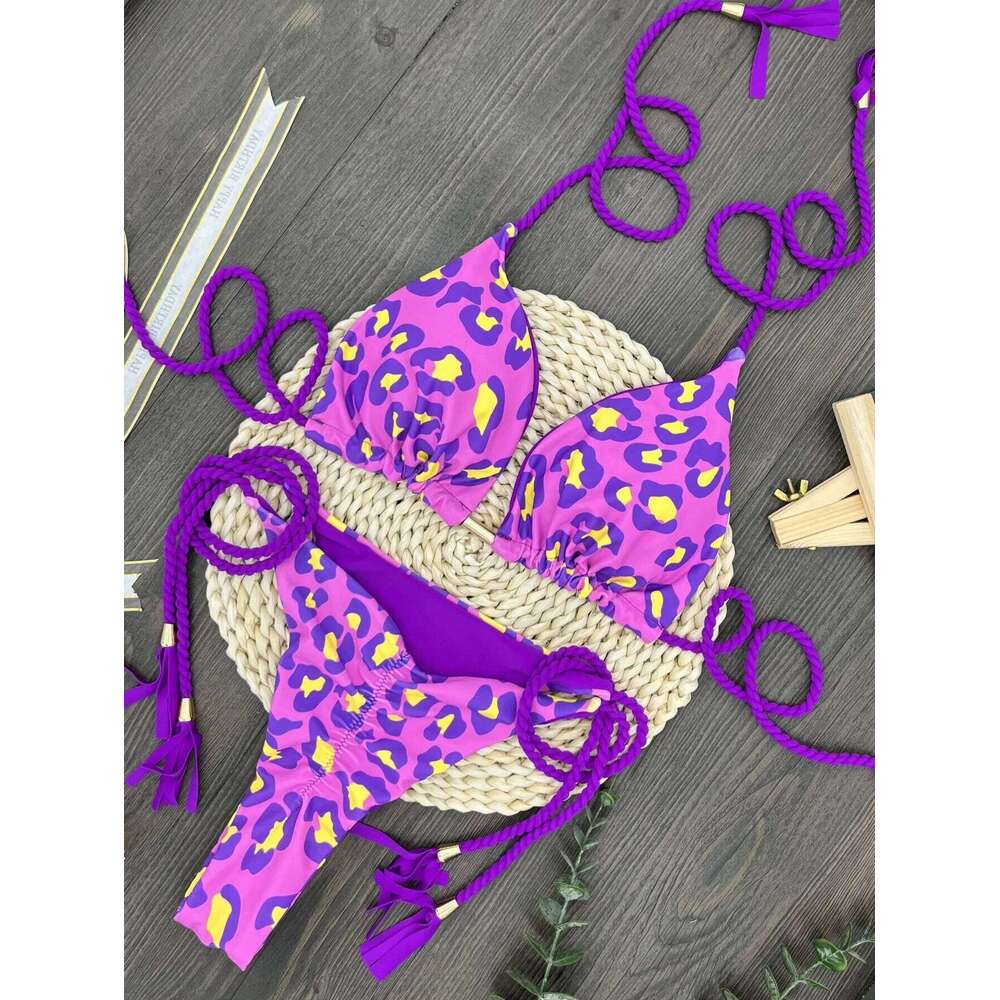 New Arrival Rope Printed Sexy Backless Split Swimsuit Nylon Spliced Color Bikini Z260206