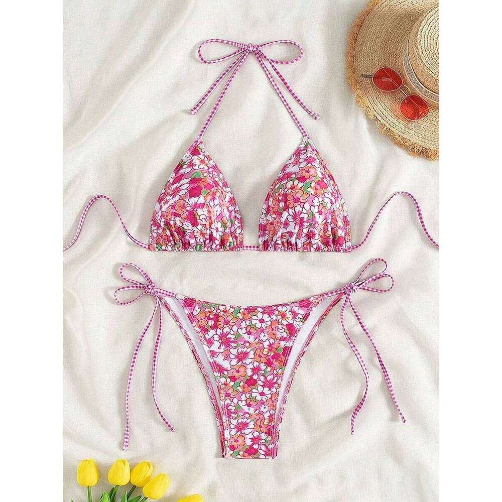 Swimsuit 2025 Female Micro Women Swimwear Summer Beachwear Women's Bathing Suit Floral Print Neck Halter Thong Bikini Set Z260206