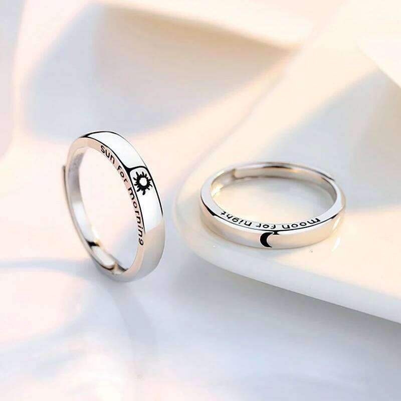 2Pcs Silver Color Sun Moon Couple Rings For Women Romantic Day Night Letter Ring Lover Engagement Banquet Jewelry Dating Gift W260206