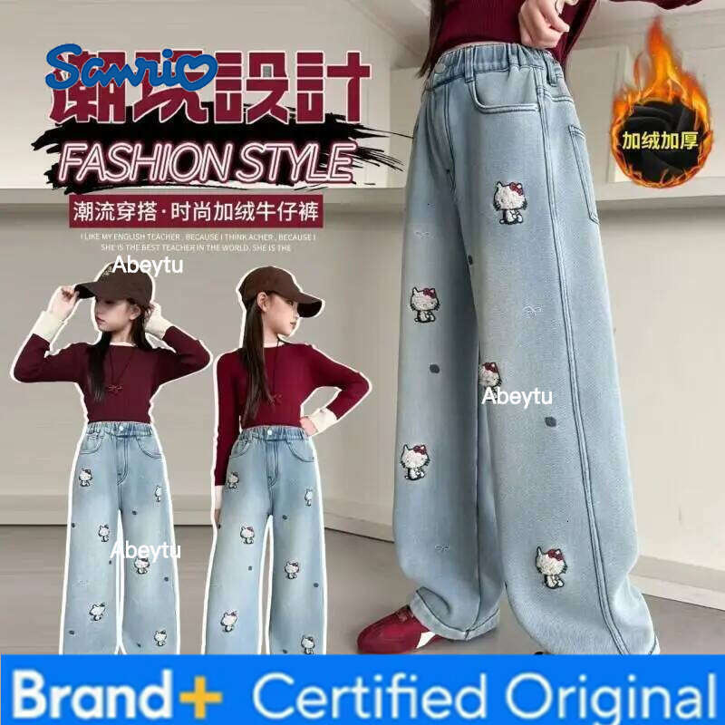 Sanrio Hello Kitty Jeans Girls Trousers Autumn Winter 2026 New Style Thickened Slim Fit Wide Leg Comfortable Pants Fashionable H260206