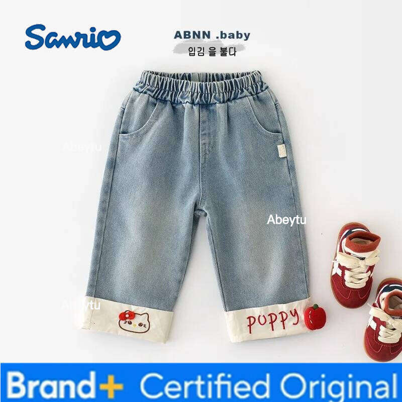 Sanrio Kids Girl Spring Autumn Denim Pants Elastic Waist Wide Leg Jeans with Cartoon Cat Embroidery 3D Apple Casual Trousers C3521 H260206