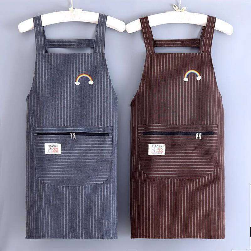 Kitchen Oil Aprons Striped Zippered Cotton With Straps Breathable Apron Women's Dirt Resistant Work Clothes S260205