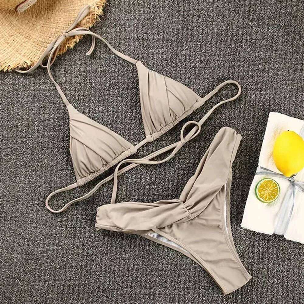 2024 Sexy Micro Bikinis Women Halter Brazilian Bikini Set Female Pleated Swimsuit New Triangle Swimwear Beach Wear Bathing Suit Z260206