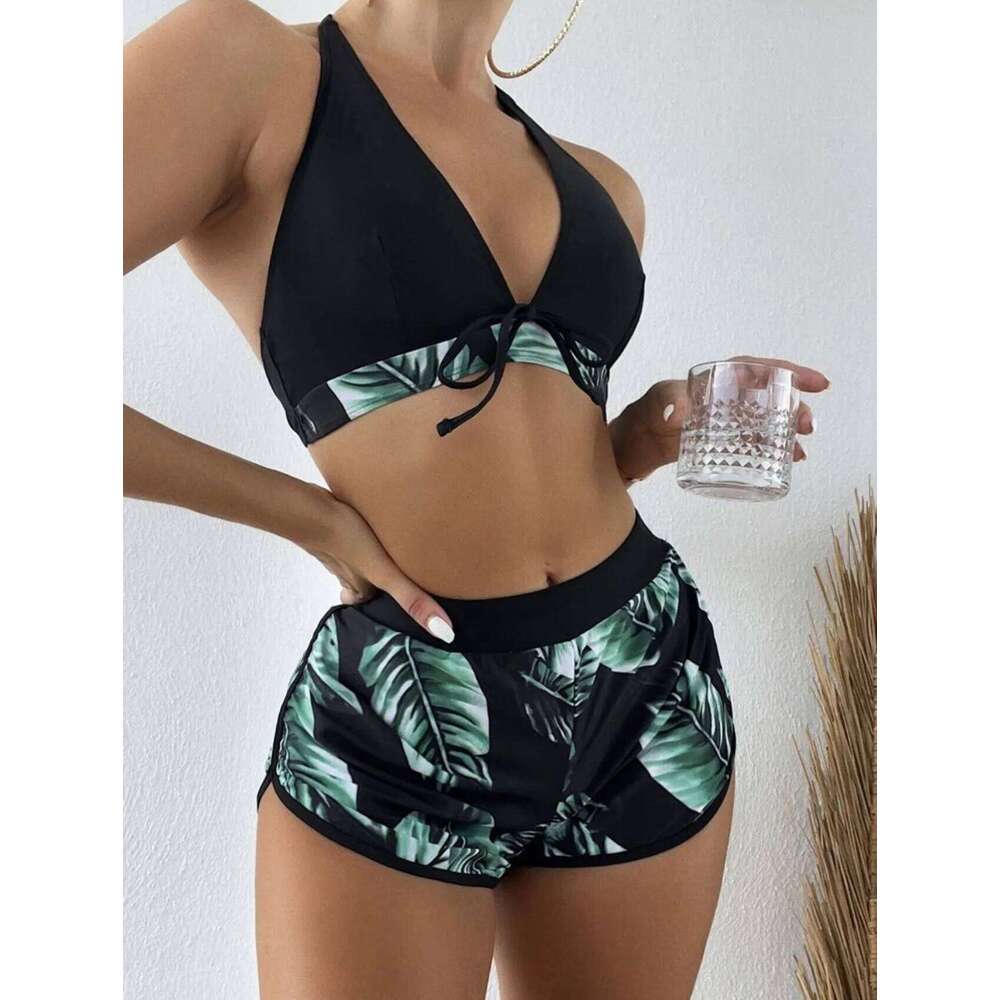 Sexy Beach Bikinis Three Pieces Bikini Set High Waist Swimsuit Swimwear Leaf Print Bathing Women Beachwear Bath Suit Z260206