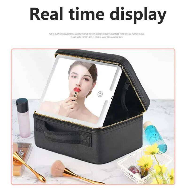 Smart 3 Color LED Travel Train Cosmetic Light And Mirror Bag Female Beautician Skincare Makeup Case For Women Y260206