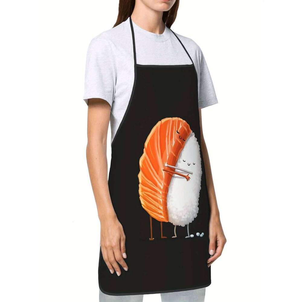 Hug Vintage-Style Apron - Black with Whimsical Sushi Design, Durable & Comfortable for Cooking, Grilling, BBQ S260205