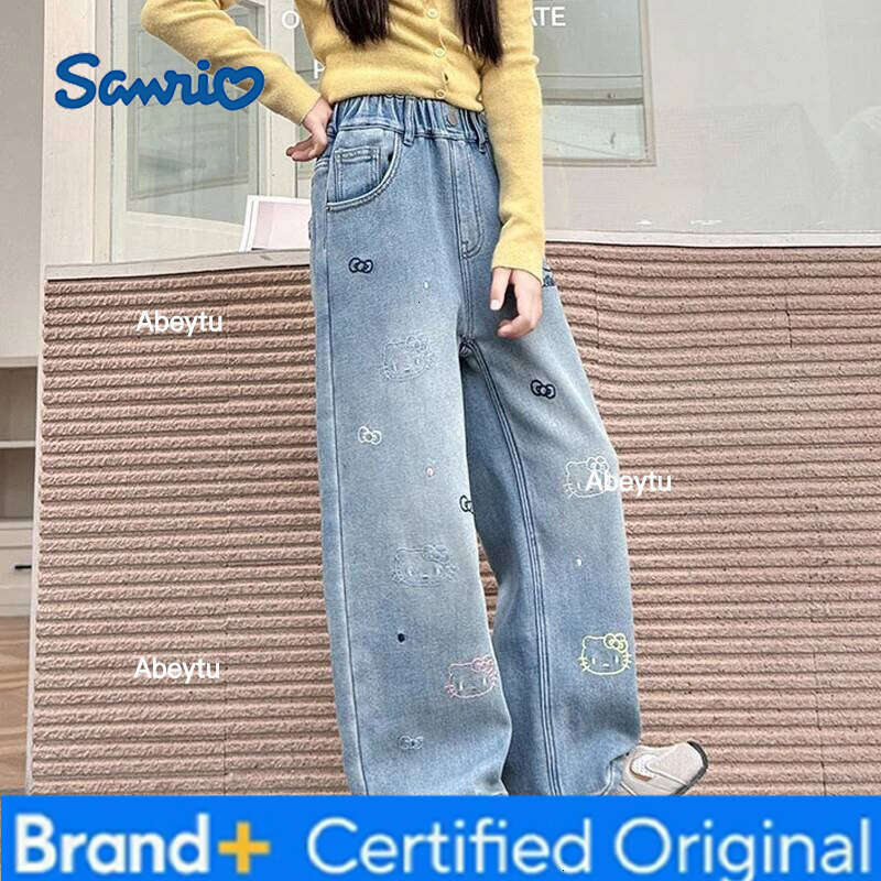 Sanrio Hello Kittys Girls Jeans Kawaii Cartoon Autumn Winter New Leisure Plus Velvet Thicken Wide Leg Pants Trousers H260206