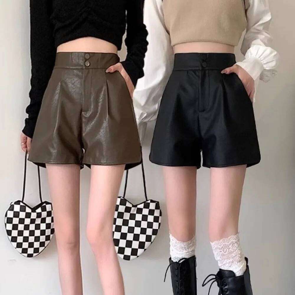 Fashion PU High Leather Black Baggy Hot Woman Short Pants Button Loose Elastic Waist Shorts Office XJ260206