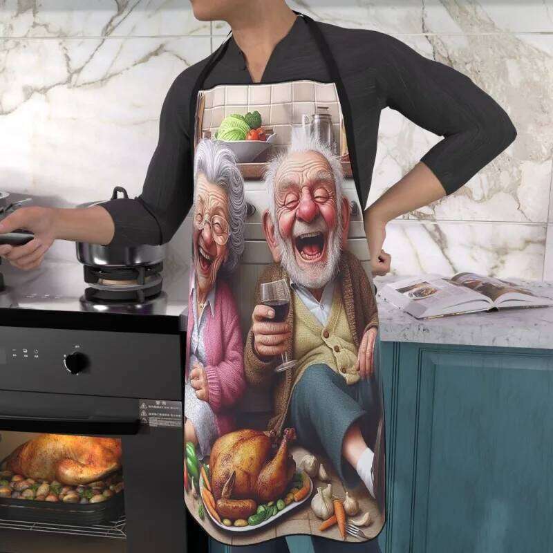 Adjustable Polyester Kitchen Apron Grandma Grandpa Roast Chicken Design, Soft Chef Cooking Bib for Men and Women S260205