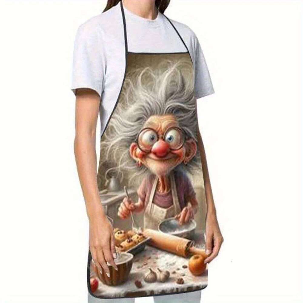 1pc Whimsical Grandma Cooking Print Sleeveless Polyester Colorful Kitchen Baking Apron with Adjustable Neck Strap S260205