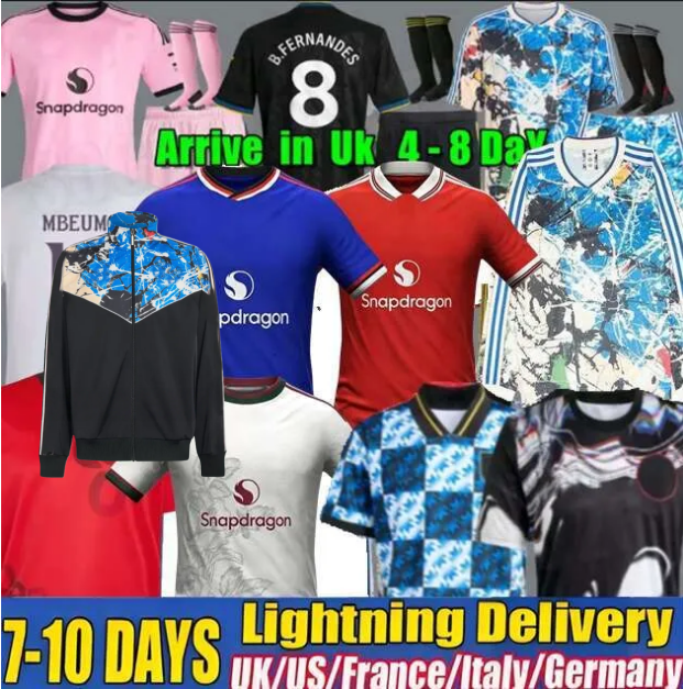 25 26 27 Manchester Stone Roses Soccer Jerseys SESKO MBEUMO CUNHA football shirts B. FERNANES men kids kits MAINOO Pre match goalkeeper Training United Stone Roses