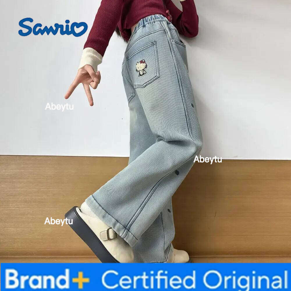 Sanrio Hello Kittys Girls Jeans All-In-One Velvet Autumn Winter New Kawaii Cartoon Leisure Wide Leg Pants Thicken Keep Warm H260206
