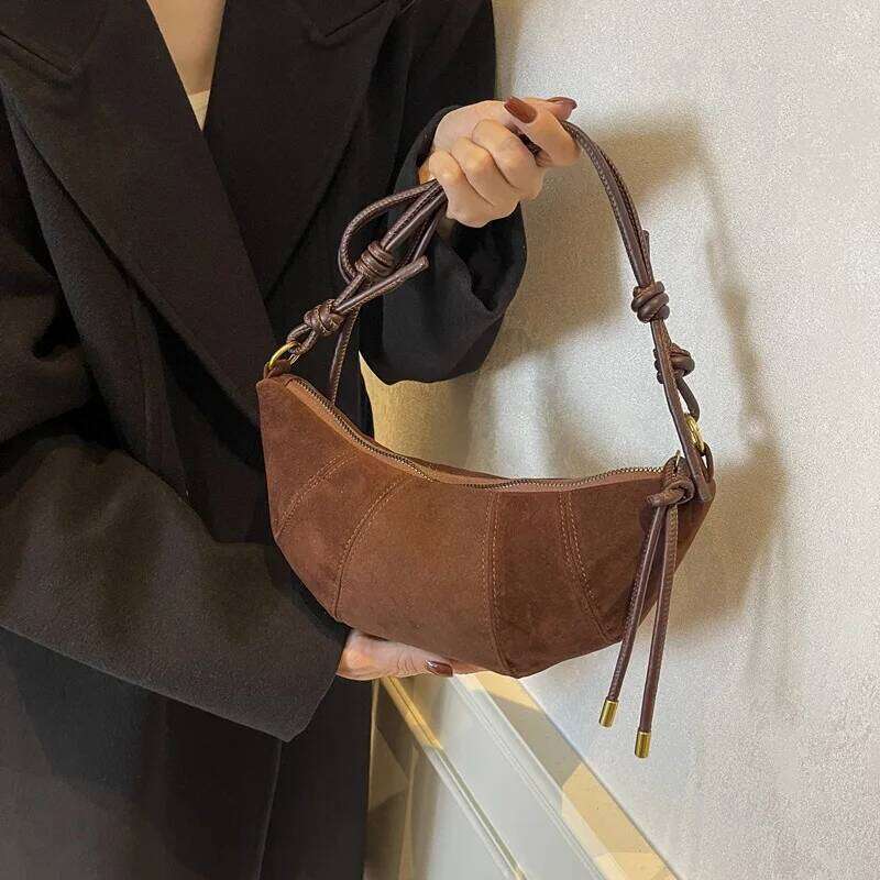 Suede Crescent Mini Bags Stylish Drawstring Design, Leopard Solid Hues, Gold Accents Compact, Trendy Versatile for Casual Outfit Y260205