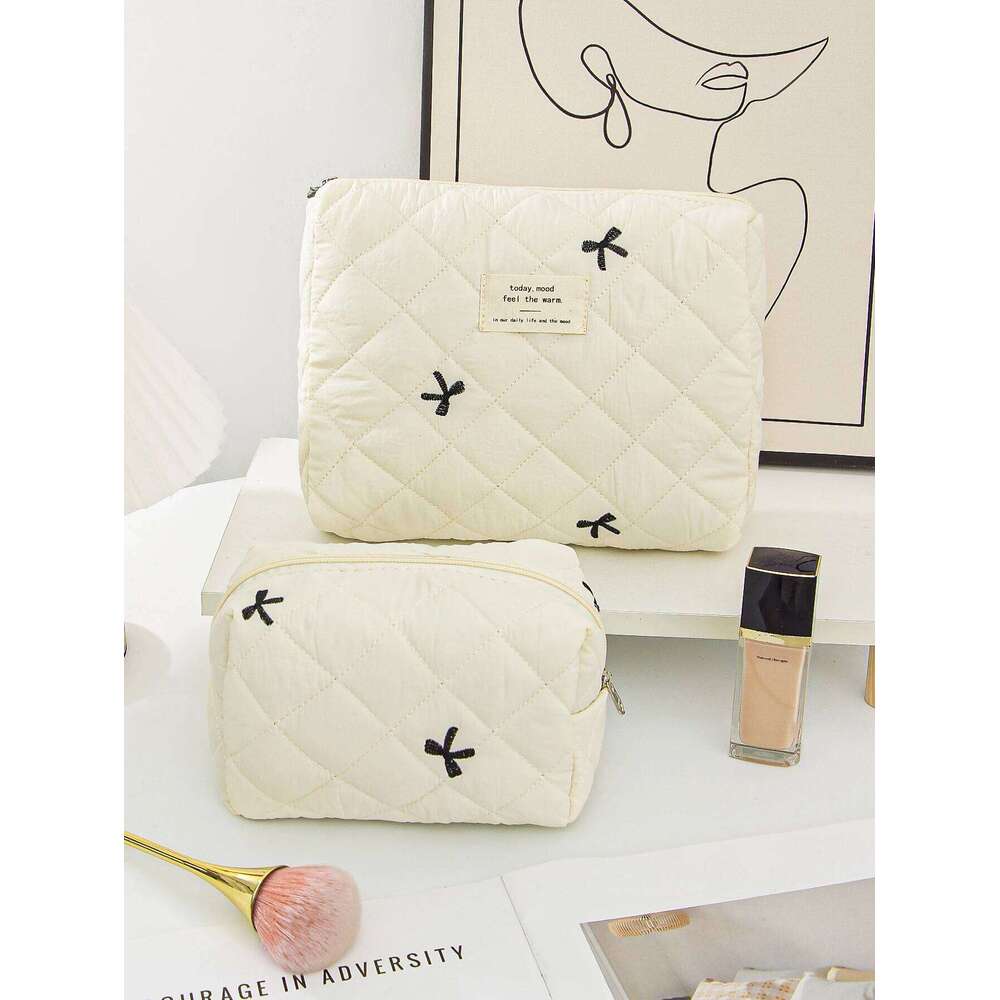 1pc/set beige bow quilted large capacity zipper bag, multifunctional travel storage makeup bag Y260206