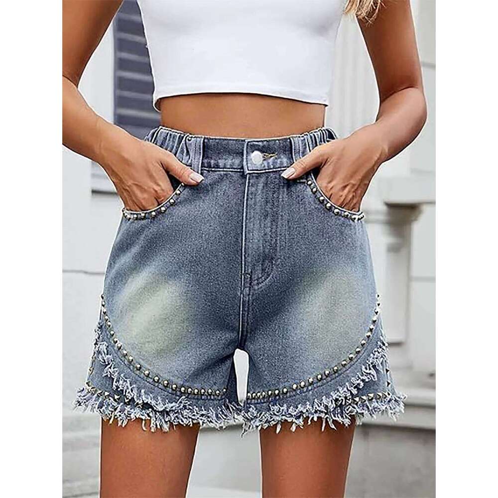 Denim Shorts Women Straight Jeans Stretch High Waist Rivet Distressed Pockets Washed Vintage Streetwear Female Short Pants 2025 H260206