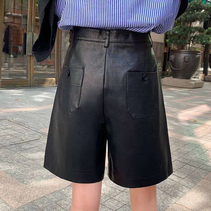 QOERLIN S-3XL Fashion PU Women Autumn Winter 2025 New Loose Bermuda Leather Trousers Casual High Waist Shorts XJ260206