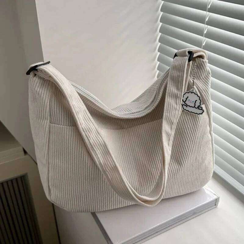 Womens Corduroy Shoulder Bag, Casual Striped Large Capacity Tote with Zipper Closure, Cute Hat Patch, Perfect for Everyday Use XJ260129