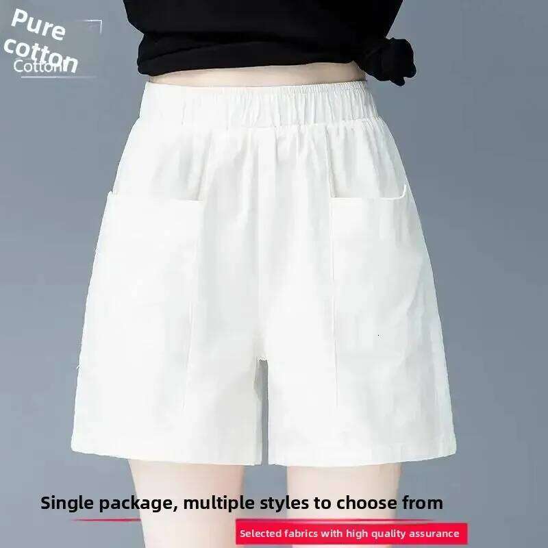 Summer New Style Slimming Pure Color Wide Leg Five-Point Cotton Women's Pocket Pants High Waist Versatile Ladies Shorts XJ260206