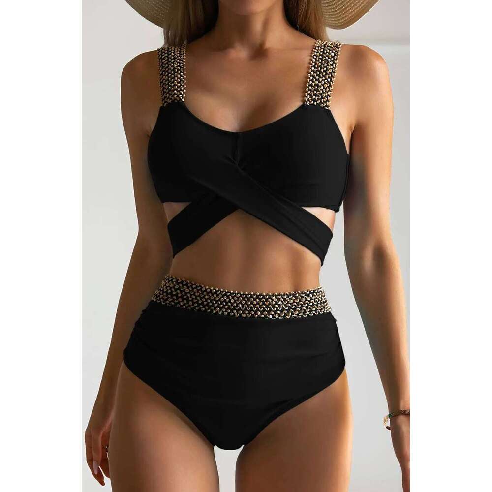 Cross High Waist Bikinis 2025 Women Black Swimwear Solid Swimsuit Female Beachwear Summer Bathers Bathing Suit Swimming Z260206