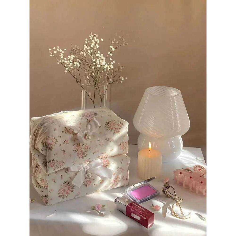 1PC Pink Ladies' makeup bow floral bag, Sweet girls' skin care products storage bag Y260206