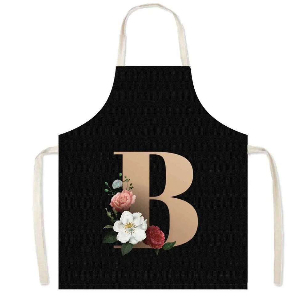 26 Initials Flower Print Kitchen Apron A-Z Letter Women Cooking Aprons BBQ Chef Waiter Home Baking Cleaning Tool Pinafore S260205