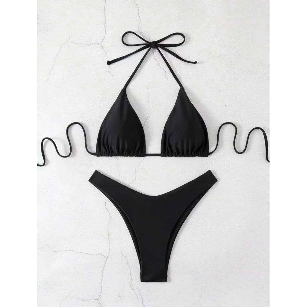 2025 New Set Women Sexy Simple Solid White/Black/Coffee Halter Bikini Swimsuit Lace Up Brazilian Beach Bathing Suit Z260206