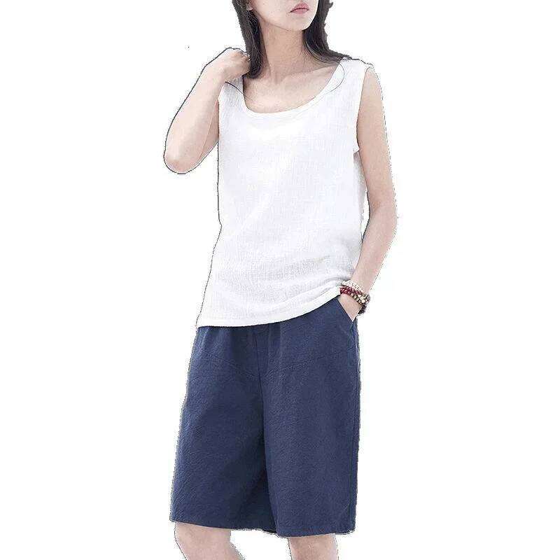 High Waist Cotton Linen Women's Shorts Summer New Loose Wide Leg Pants Casual Trendy Straight Cut Mid Length Trousers XJ260206