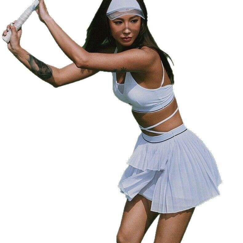 Women's Color-Block Pleated Skirt Tennis Breathable Quick-Dry Pilates Yoga Outfit Training Sports Fitness Two-Piece Set