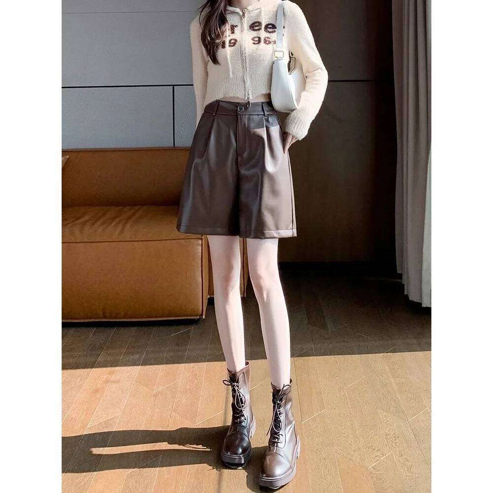 High Waist Leather Shorts Women's Outerwear Boot Pairing Black Wide Leg Straight Cut Winter Spring Autumn Three-quarter Length XJ260206