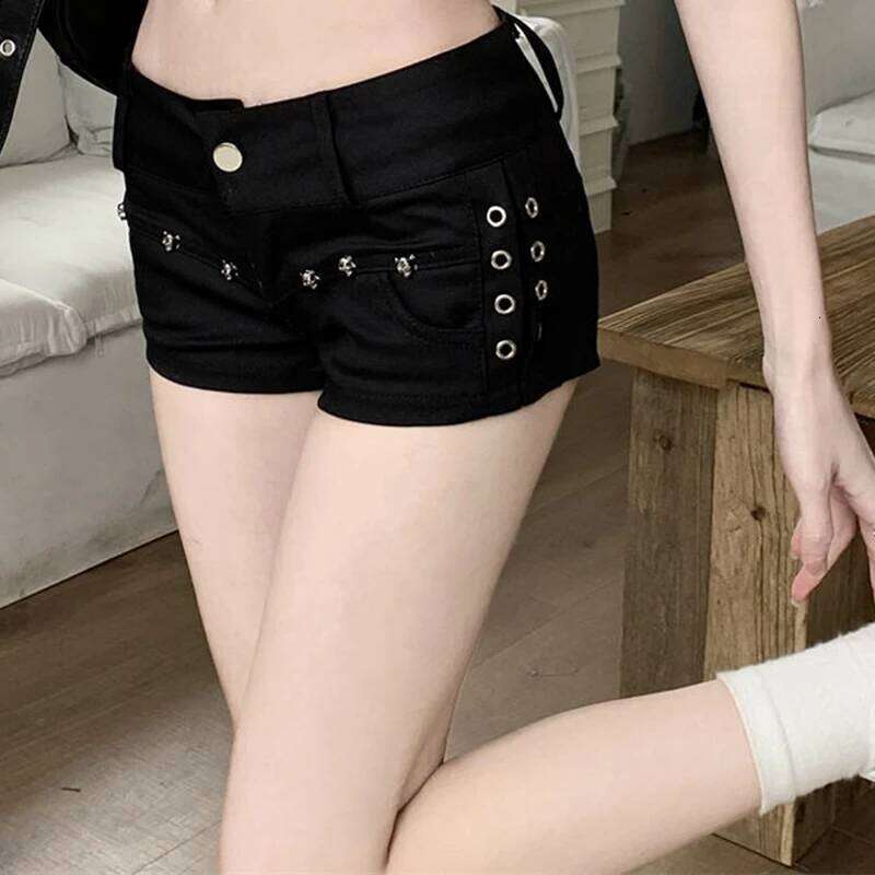 Summer Girls Korean Denim Shorts Lady Ultra Low Rise Y2k Designer Short Pants Female Black Rivet Hop Wrap Hip Skinny Jeans XJ260206