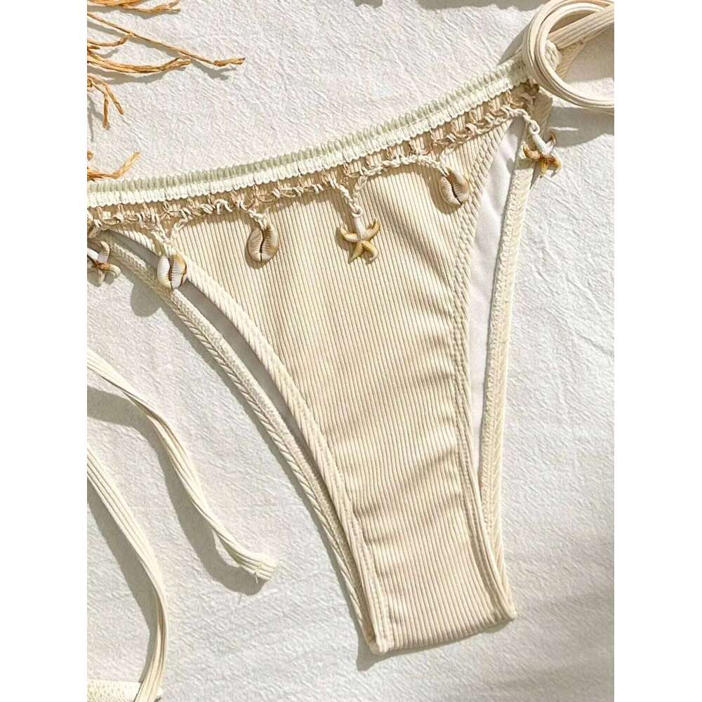 Peachtan thong bikini women's sexy pure desire neck hanging solid color two-piece beach swimsuit set Z260206