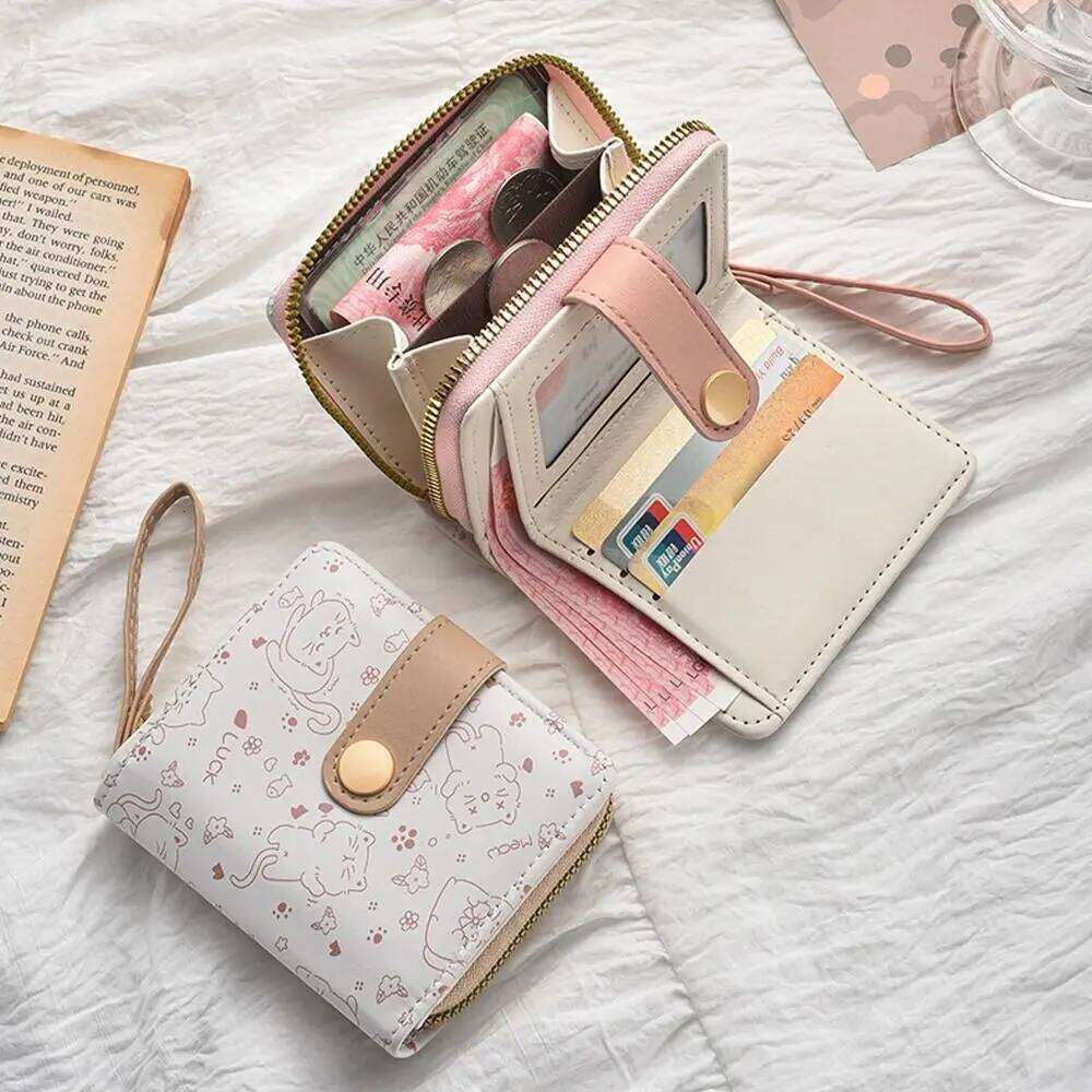 Fashion Cartoon Print Portable Foldable Coin Purse PU Leather Zipper Wallet Y260206