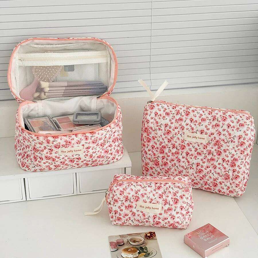 1pc/set floral quilted multifunctional large capacity travel makeup bag, cute portable toiletry bag set Y260206